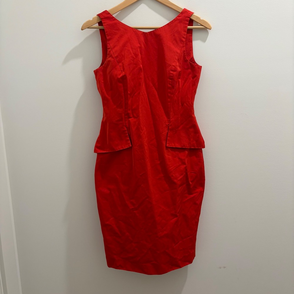 Hugo Boss Derllana Red Peplum Sheath Dress V-Back Ruffle Sleeveless Sz 2